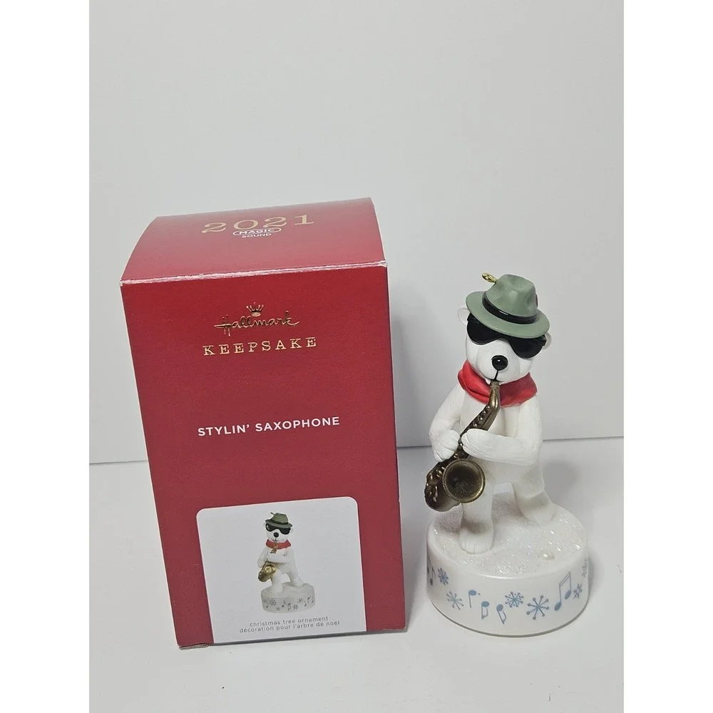 Hallmark 2021 Stylin Saxophone Bear Magic Sound Musical Keepsake Ornament NIB